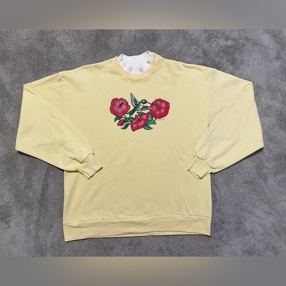 Vintage 90s Gopher Sport Sweatshirt Womens XL Yellow Hummingbird Floral
